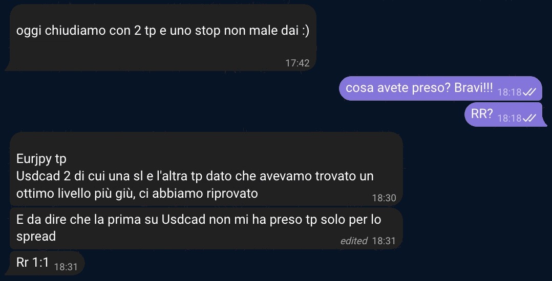 Chat di gruppo: due take profit e uno stop condivisi in tempo reale, con il dettaglio delle operazioni