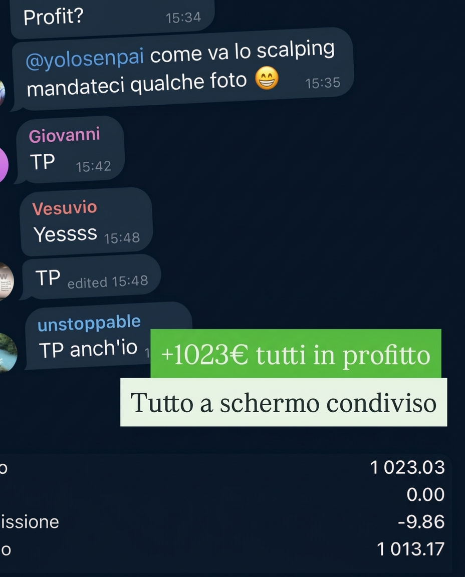 Chat di gruppo con i take profit confermati: +1023€ tutti in profitto, tutto a schermo condiviso, con il riepilogo dei risultati